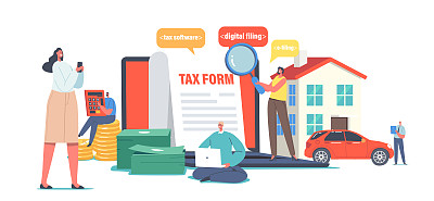 字符计算网上纳税。小人物填写庞大的税务申请表。在线税务软件