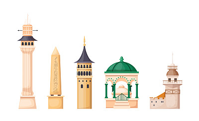 土耳其乡村建筑地标。Beyazit塔，少女塔，伊斯坦布尔的埃及方尖碑。伊斯坦布尔著名地标加拉塔。伊斯坦布尔苏丹艾哈迈德广场上的德国喷泉