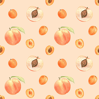 桃子和杏的无缝图案在浅橙色的背景。水彩手绘元素。