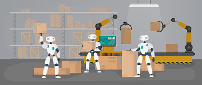 机器人在制造仓库工作。机器人搬运箱子和搬运货物。未来的交货、运输和货物装载概念。有箱子和托盘的大型仓库。向量。