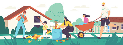 快乐的家庭角色父母和孩子一起打扫后院，一起玩，收集秋叶