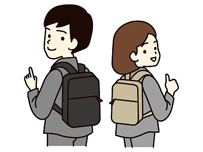 Men and women in suits carrying business backpacks.