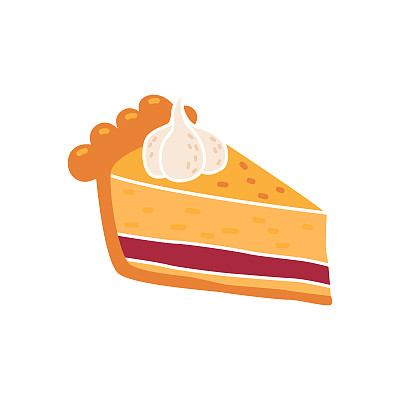 Beautiful tasty slice of American pumpkin pie with cranberries and cream. Traditional dish for Thanksgiving dinner. Autumn dessert for the harvest festival. Homemade pastries. Bright doodle icon.