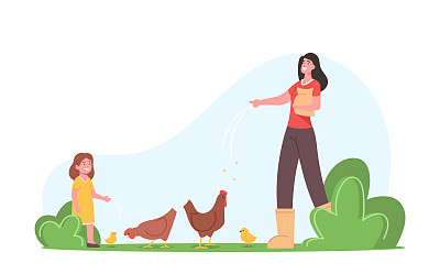 年轻的母亲带着小女儿在农场喂家禽。农民家庭或村民工作。妈妈和女孩照顾鸟类