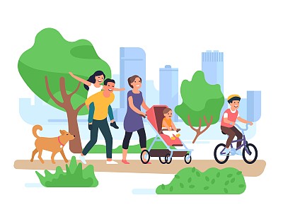 幸福的家庭散步。夫妇带着孩子在公园散步，儿子骑着自行车，蹒跚学步的孩子骑着婴儿车，有趣的女儿骑在父亲背上向量概念