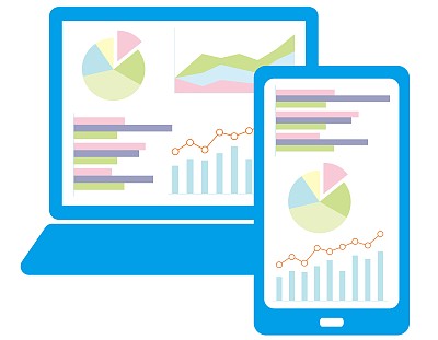 蓝色智能手机，个人电脑屏幕上显示的图形，数学，股票价格，图表，移动/插图素材(矢量插图)
