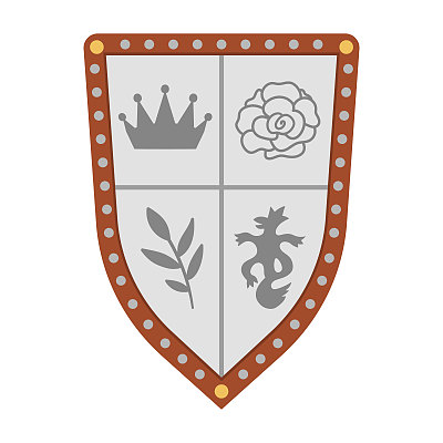 向量盾牌图标。象征王权的童话骑士盔甲。童话般的士兵的剑。卡通中世纪武器插图。