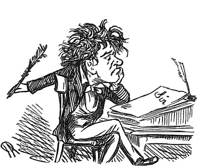 英国讽刺漫画漫画插图——一个大脑袋的男人坐在书桌前，手里拿着一支羽毛笔