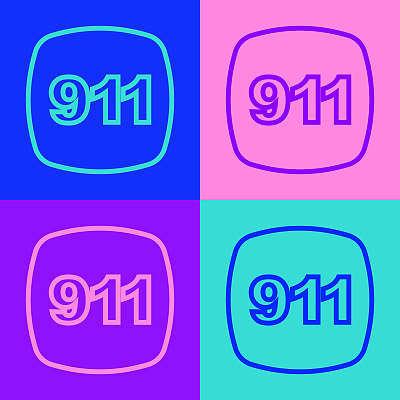 波普艺术线电话与紧急呼叫911图标隔离在彩色背景。警察，救护车，消防局，电话，电话。向量