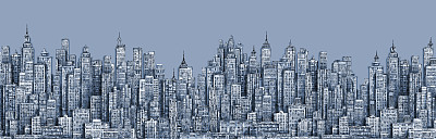 插图与建筑，摩天大楼，大城市的建筑物闹市区
