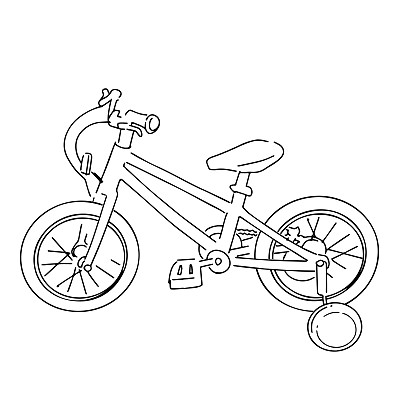 单色矢量插图的自行车，儿童自行车与训练轮