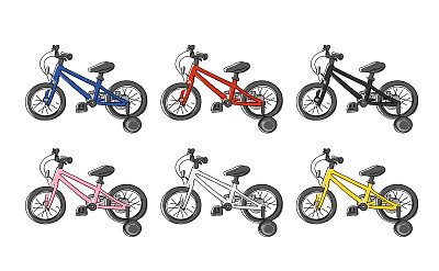 矢量插图集多彩的自行车，儿童自行车与训练轮
