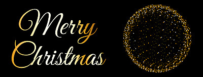 圣诞快乐横幅，贺卡与金色装饰球在黑色背景