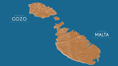 马耳他和意大利戈佐地形图。矢量详细高程地图的岛屿。地理优美的景观轮廓海报。