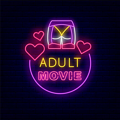 成人电影的标志。砖墙上有性商店霓虹灯招牌。性内衣。孤立的矢量图