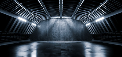 科幻未来仓库飞机库太空船逼真展厅混凝土沥青水泥钢框架走廊隧道黑暗地下地下室三维渲染