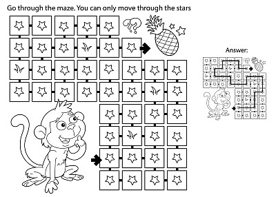 迷宫或迷宫游戏。谜题。着色页大纲卡通小猴子与菠萝。收集水果。儿童涂色书。