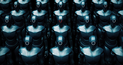 仿生人工智能机器人军队准备开战。领袖在中心。
