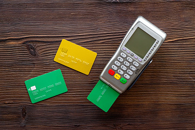 Pos信用卡终端，俯视图。支付交易的概念