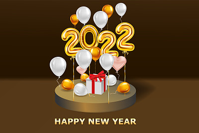 2022 3d新年快乐真实感金色装饰气球，心形，领奖台。金箔号码，闪亮派对背景，五彩纸屑，亮片。矢量节日海报，横幅设计