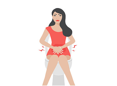 女人坐在厕所忍受便秘，胃痛和正常的消化系统矢量插图