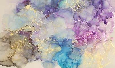 艺术抽象蓝、紫、金闪光色水平背景。大理石纹理。酒精墨水。