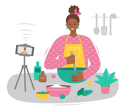 美食博主创造内容。一位美国妇女一边做饭一边录像。在线烹饪课程。烹饪视频博客或频道。现代矢量插图在平风格。孤立在一个白色。