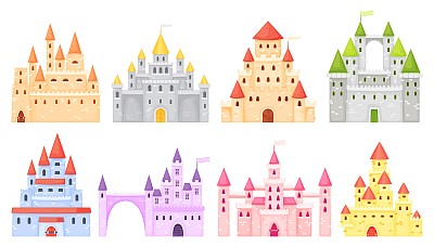 卡通中世纪城堡，古代堡垒，童话宫殿。强化宫殿外观，大厦，童话公主城堡塔向量集