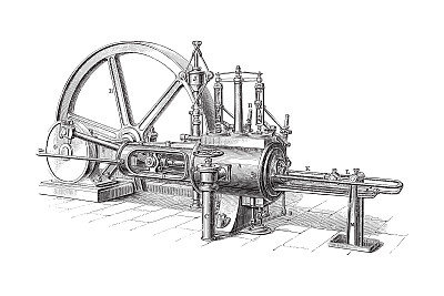 老式蒸汽机-老式雕刻插图