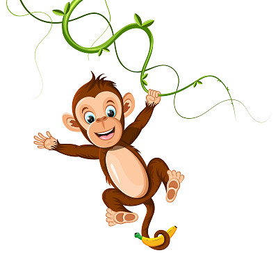欢快的猴子挂在葡萄藤上，手里拿着香蕉