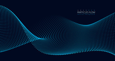 运动中流动粒子的数字波。矢量抽象黑暗背景。网格发光的点，美丽的插图。