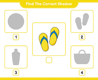 找到正确的影子。找到并匹配Flip Flop的正确阴影。教育儿童游戏，可打印的工作表，矢量插图