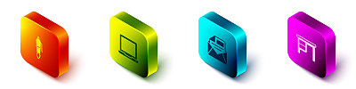 设置等距钢笔笔尖，笔记本电脑，邮件和电子邮件和办公桌面图标。向量