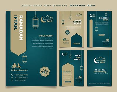 设置社交媒体帖子模板在绿色和棕色伊斯兰背景设计。Iftar的意思是早餐，marhaban的意思是受欢迎的。