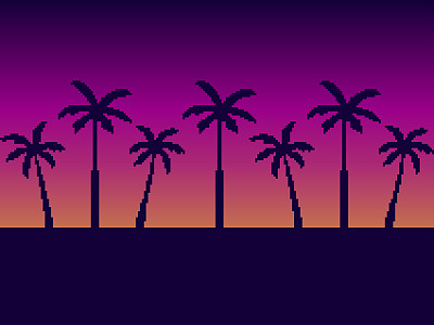 像素艺术棕榈树在日落80年代风格。8位太阳合成波和逆波。复古8位电子游戏。设计印刷，包装纸和广告。矢量图