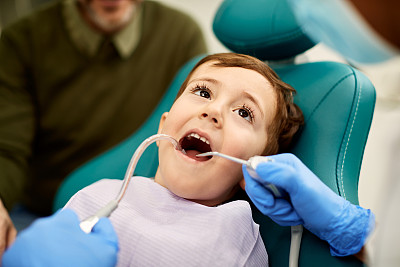 一个小男孩在牙医诊所做牙科手术时张着嘴。