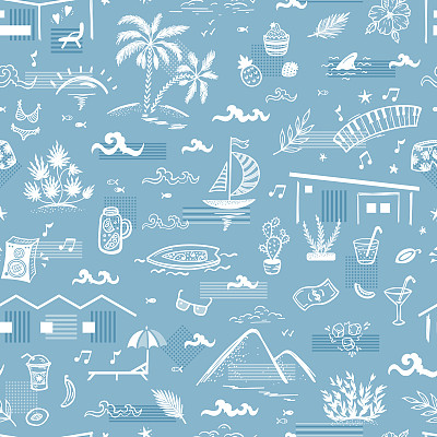 暑假主题向量蓝白无缝模式。加州建筑、自然。度假屋、海、帆船、冲浪、海浪、海滩、棕榈树、小山、植物、食品、饮料、休闲用品