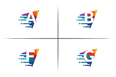 字母A, B, F，和G标志设计模板在负空间从三角形形状。数字移动概念