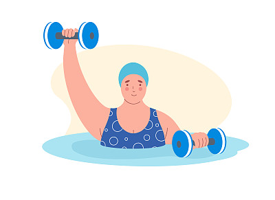 超重的女人用泡沫哑铃做水中有氧运动。健康生活方式及运动理念。