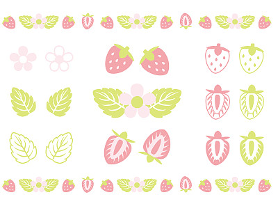 这是一组草莓、花和叶子的插图。