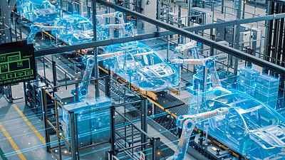 汽车工厂数字化工业4.0理念:自动化机器人手臂装配线制造高科技绿色能源电动汽车。人工智能计算机视觉分析，扫描生产效率