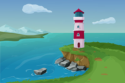 悬崖上的灯塔，夏日的景象，白色背景上孤立的卡通风格的海洋、岩石和海浪的景观。矢量图