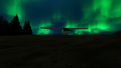 3D，草地上的小飞机，背景是北极光天空