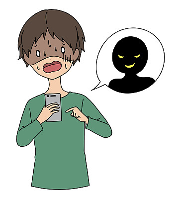 一名男子的插图与麻烦的表情操作智能手机和一个坏家伙的形象的黑色阴影