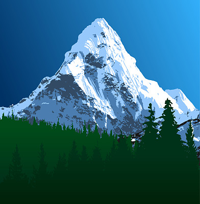 Mount Ama Dablam，山脉和林地，伟大的喜马拉雅山脉向量插图