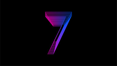 网号七，数字符号，非常佩里渐变霓虹灯在黑暗中发光。矢量图6线框图概念，紫色和紫红色。