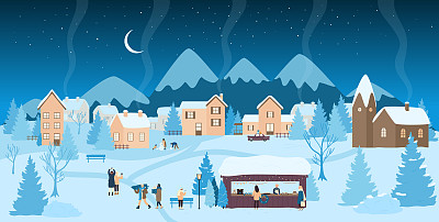 人们在冬天的夜晚享受着圣诞集市，乡村景观，灯火通明的房屋