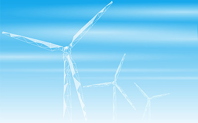 风力发电机低聚抽象背景。节约生态绿色能源电力经营理念。风车塔上蓝天白云景观多边形几何矢量插图