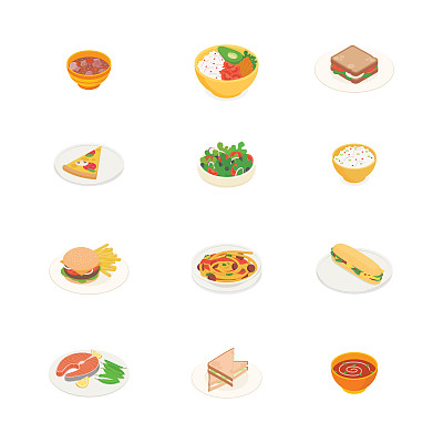 食品，餐，蔬菜，水果，肉类，饮料，烹饪用具。平面设计中的等距矢量插图。
