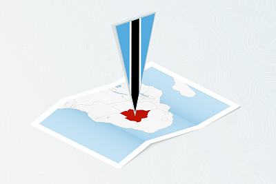 博茨瓦纳的等距纸地图，上面绘有等距风格的博茨瓦纳三角旗。地形图背景图。